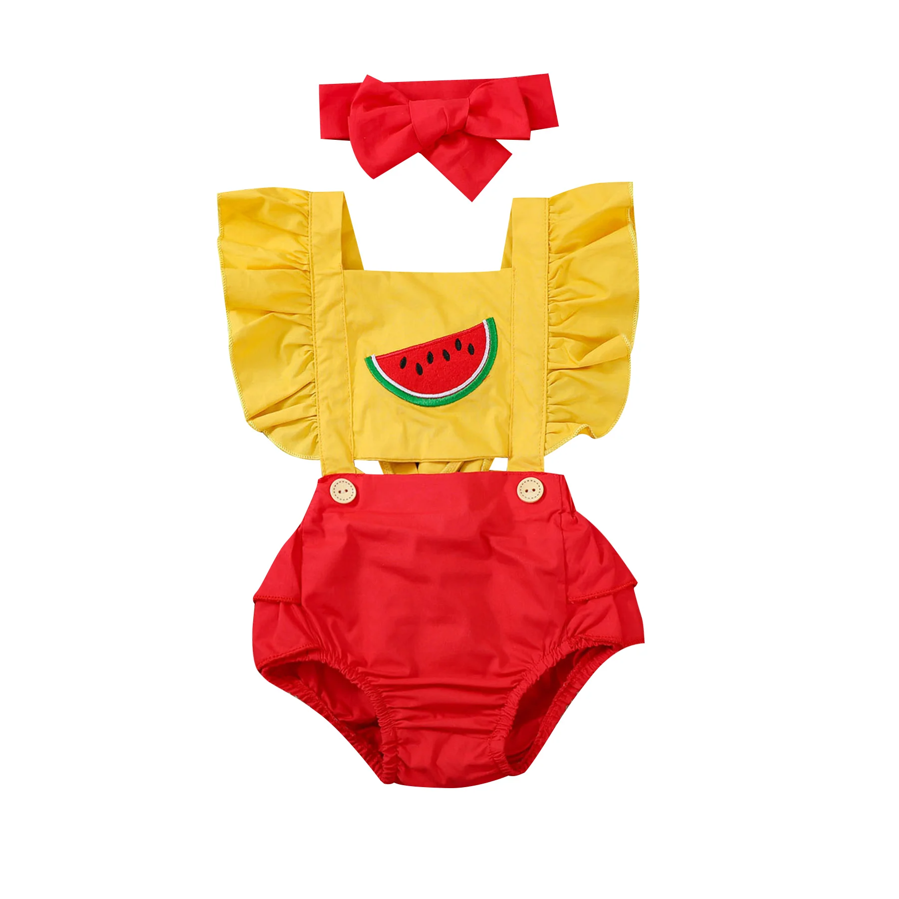 Baby Girl\u2019s Casual Fly Sleeve Jumpsuits Cute Watermelon Embroidery Bandage Stitching Romper and Headband
Baby Girl\u2019s Casual Fly Sleeve Jumpsuits Cute Watermelon Embroidery Bandage Stitching Romper and Headband