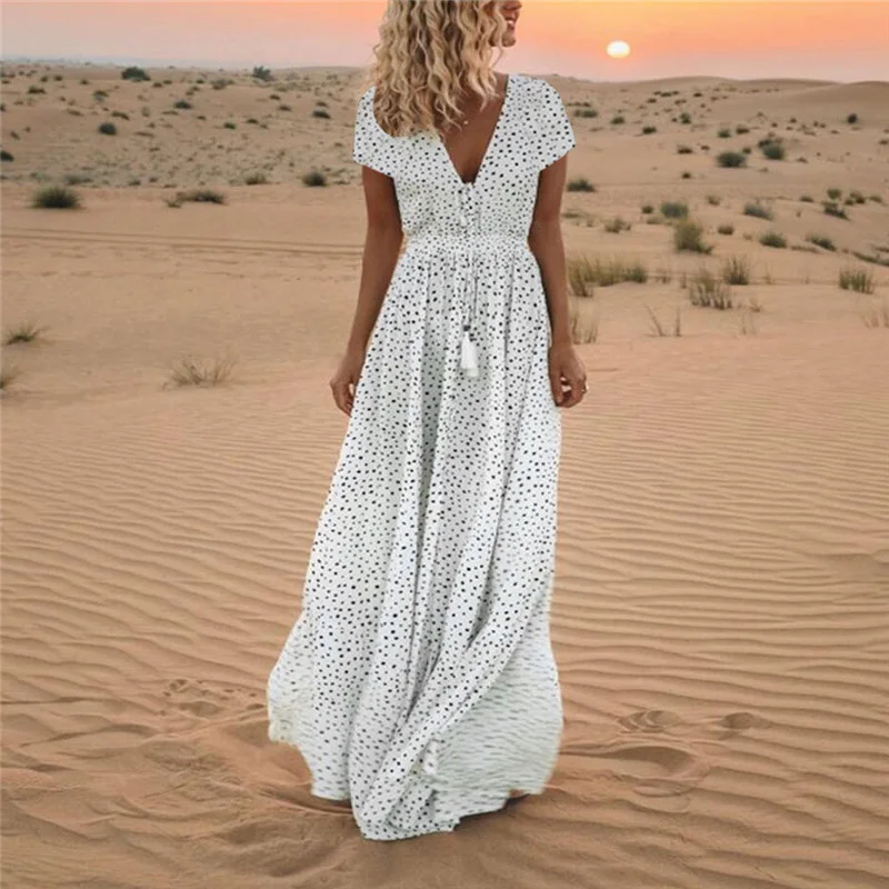 2021 Spring Polka Dot Print Long Party Dress Women Elegant V Neck Tassel Maxi Dress Summer Short Sleeve Beach Dresses Boho Dress 
2021 Spring Polka Dot Print Long Party Dress Women Elegant V Neck Tassel Maxi Dress Summer Short Sleeve Beach Dresses Boho Dress