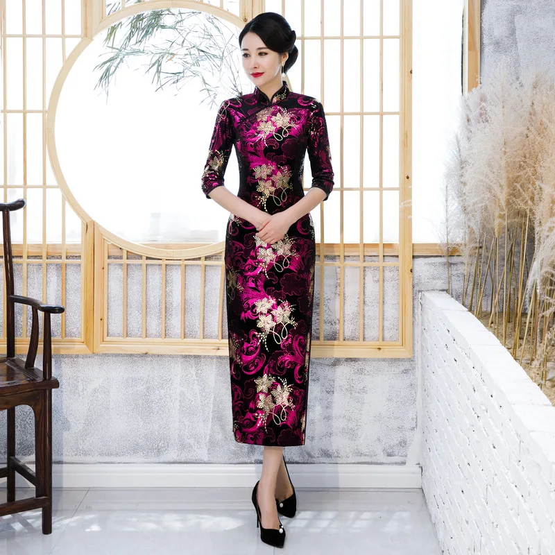 Velour Mandarin Collar Qipao Sexy Side Split Cheongsams Women Chinese Bridal Wedding Dress Plus Size 3XL 4XL Purple Vestidos
Velour Mandarin Collar Qipao Sexy Side Split Cheongsams Women Chinese Bridal Wedding Dress Plus Size 3XL 4XL Purple Vestidos