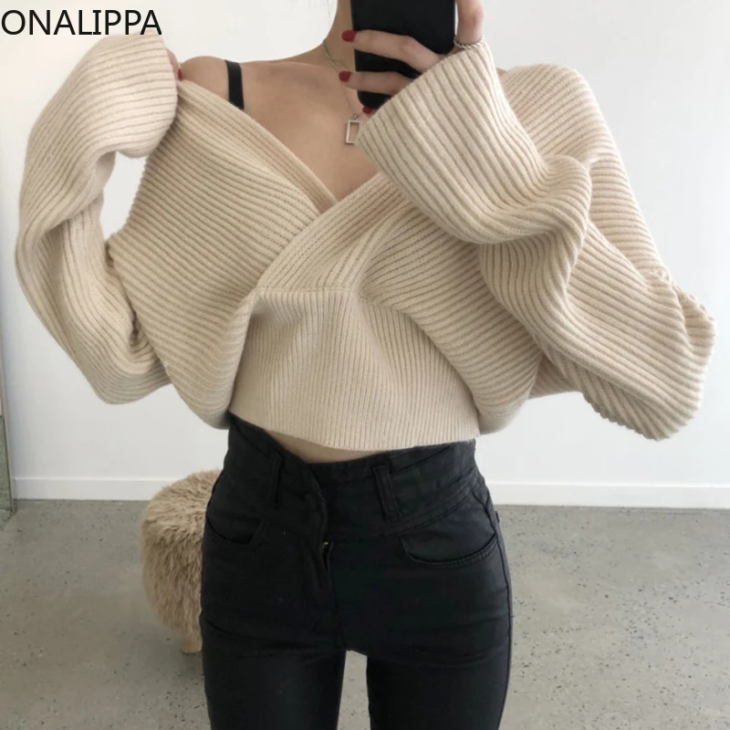 Onalippa Women Pullover 2021 Autumn Winter Korea Retro Temperament Small Sexy Deep V-Neck Cross Loose Short Long-Sleeved Sweater
Onalippa Women Pullover 2021 Autumn Winter Korea Retro Temperament Small Sexy Deep V-Neck Cross Loose Short Long-Sleeved Sweater