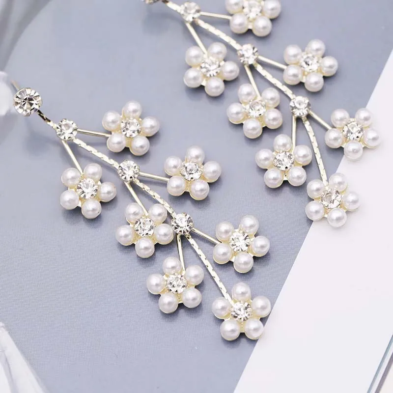 

New Style Simulated Pearl Flower Pendant Statement Exaggerated Long Drop Earrings for women Girls Fashion Wedding Jewelry