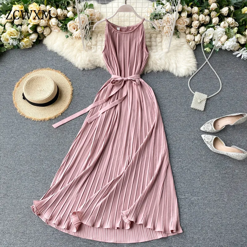 Summer Women Chiffon Dress Sashes Pleated Sleeveless Female A-line Vestido Sexy Neck-mounted Long Dress Summer Clothes For Women
Summer Women Chiffon Dress Sashes Pleated Sleeveless Female A-line Vestido Sexy Neck-mounted Long Dress Summer Clothes For Women