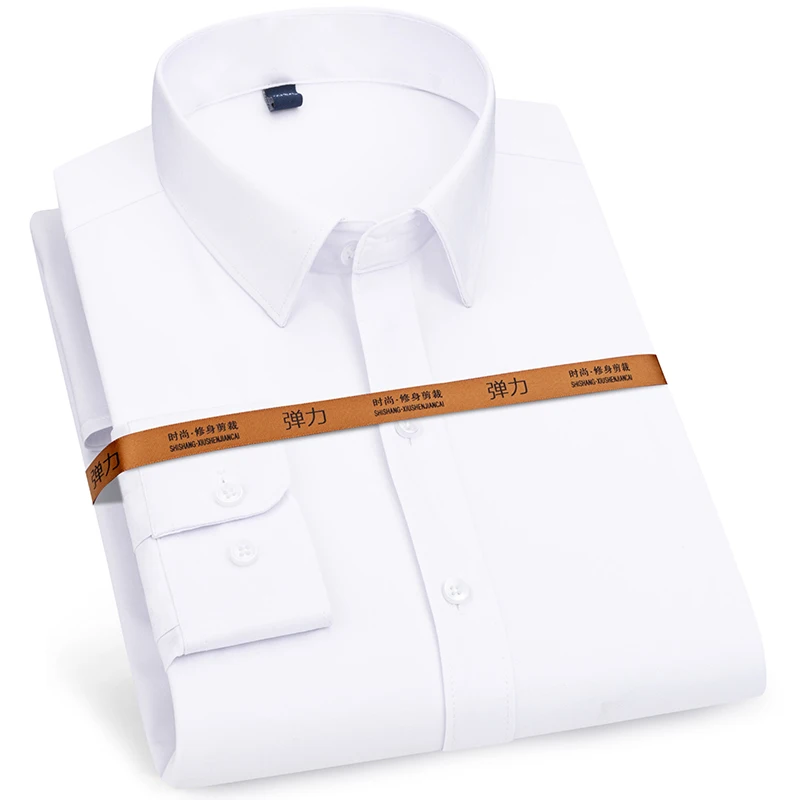Мужская стрейчевая рубашка белая однотонная формальная деловая с длинными