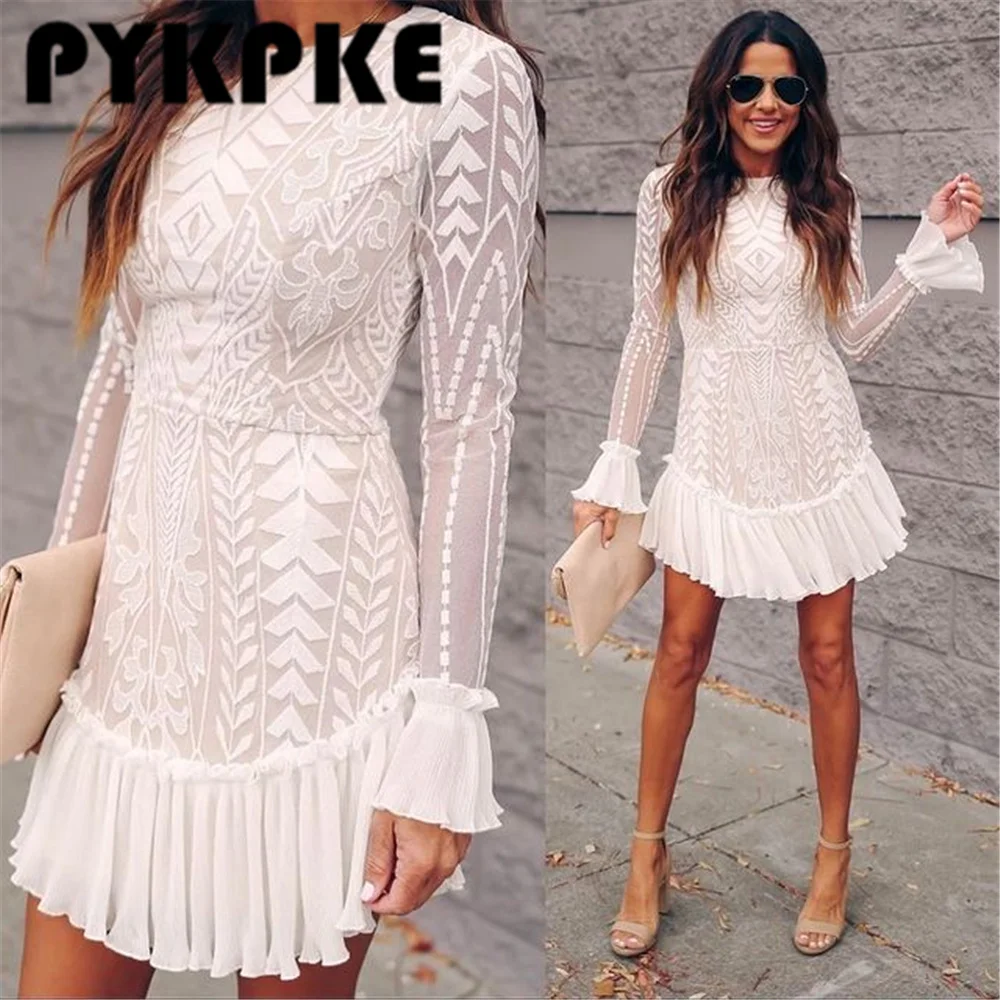 Sexy O Neck Women's Summer Dress White Lace Long Sleeve Mini Wedding Party Dress Ruffle Elegant Clothes 2021
Sexy O Neck Women's Summer Dress White Lace Long Sleeve Mini Wedding Party Dress Ruffle Elegant Clothes 2021
