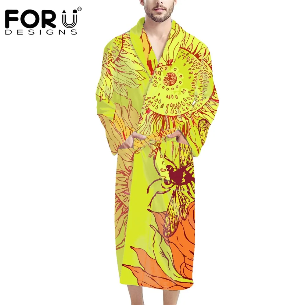 

FORUDESIGNS Yellow Sunflower and Bee Men's Bathrobe Fleece Robe Plush Collar Shawl Sleepwear Thick Warm Comfort Kimono Home Wear