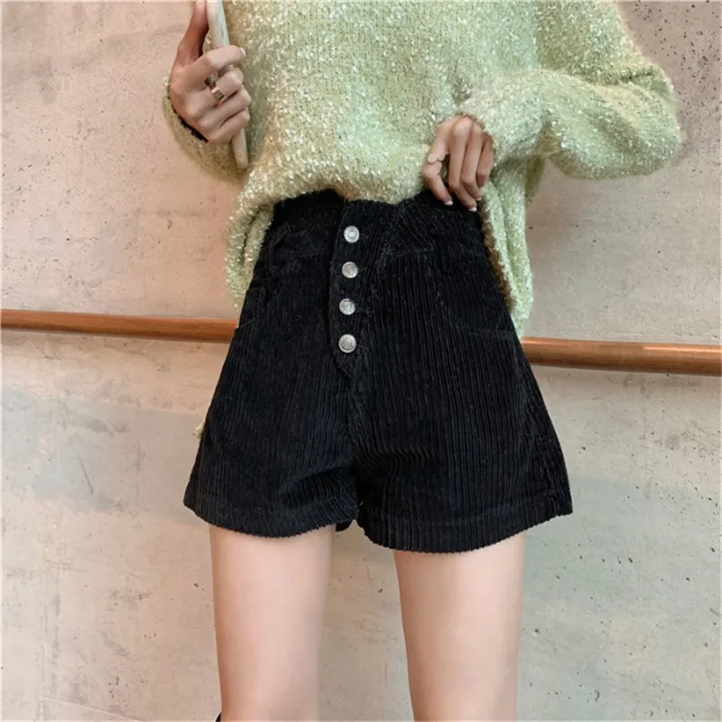 Women Winter And Autumn New Cordurory Shorts Female High Waist Front Buttons Short Trousers With Pockets 
Women Winter And Autumn New Cordurory Shorts Female High Waist Front Buttons Short Trousers With Pockets