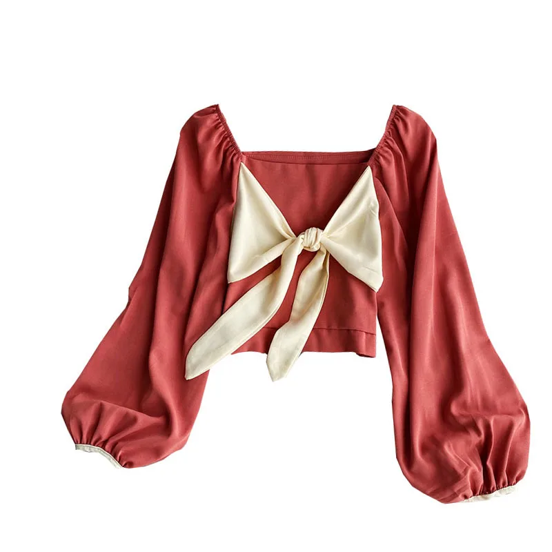 Spring and Autumn New Retro Hit Color Bowknot Slim Slimming Square Collar Shirt Western Style Long-sleeved Short Top Women UK290 
Spring and Autumn New Retro Hit Color Bowknot Slim Slimming Square Collar Shirt Western Style Long-sleeved Short Top Women UK290