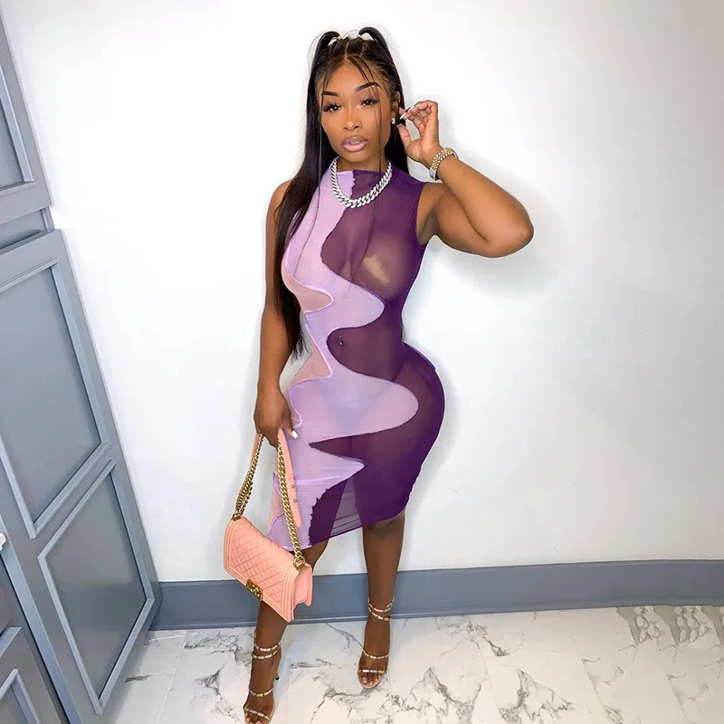 Women See-Through Dress Patchwork Sleeveless Round Collar Wrapped Slimming Summer Midi Dress
Women See-Through Dress Patchwork Sleeveless Round Collar Wrapped Slimming Summer Midi Dress