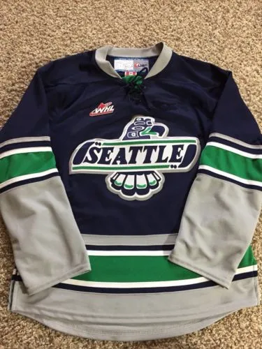 

Seattle Thunderbirds white bule green MEN'S Hockey Jersey Embroidery Stitched Customize any number and name