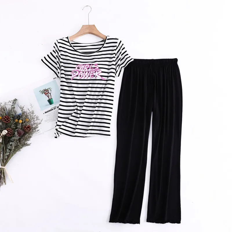 Casual Modal Striped Print Short-Sleeved Pajamas Set Chest Pad Ruffle Trousers Home Suit Spring Summer Pyjamas Women Sleepwear
Casual Modal Striped Print Short-Sleeved Pajamas Set Chest Pad Ruffle Trousers Home Suit Spring Summer Pyjamas Women Sleepwear