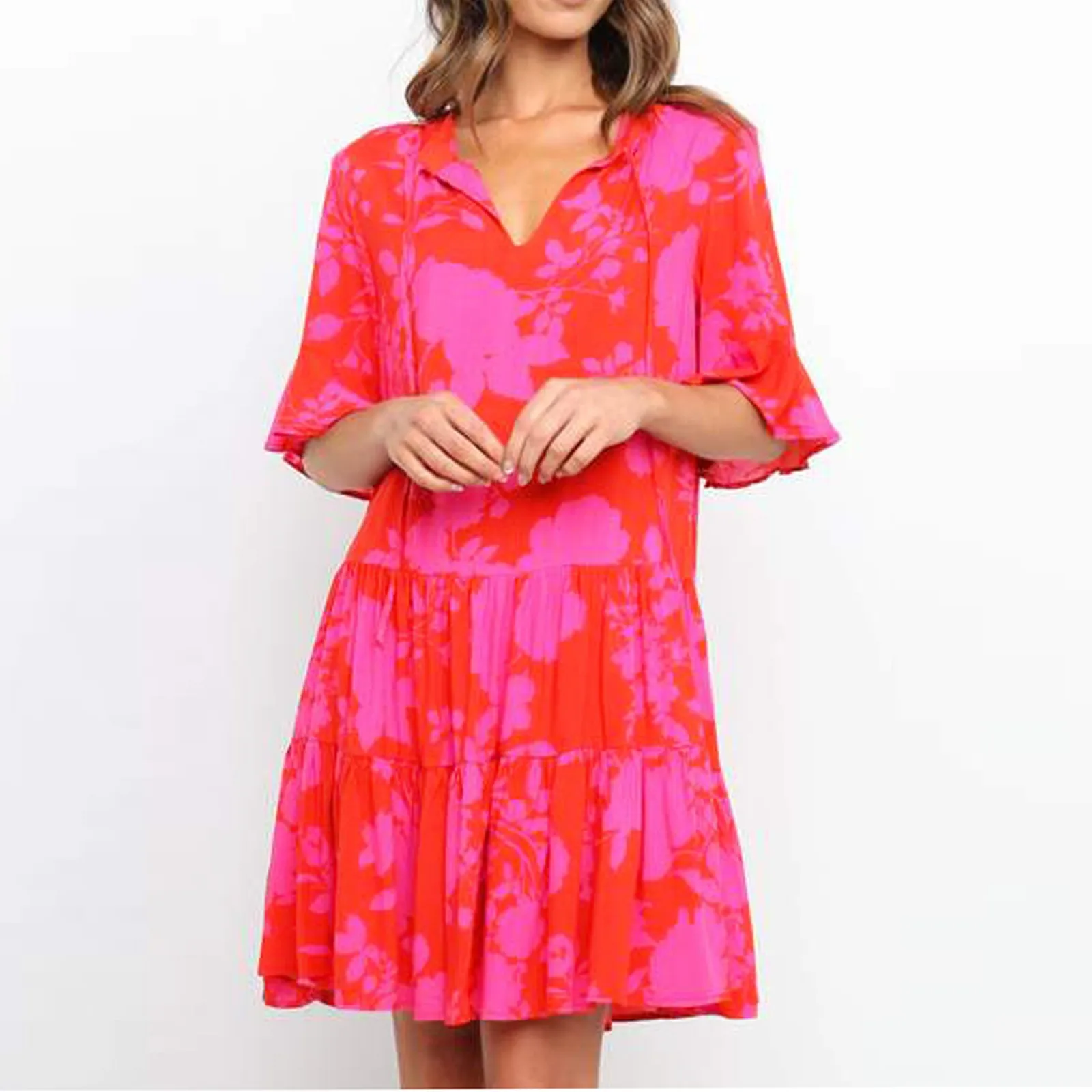 Women's V-neck flared sleeve print cake style stitching dress A variety of colors V-neck loose and comfortable Flared skirt
Women's V-neck flared sleeve print cake style stitching dress A variety of colors V-neck loose and comfortable Flared skirt