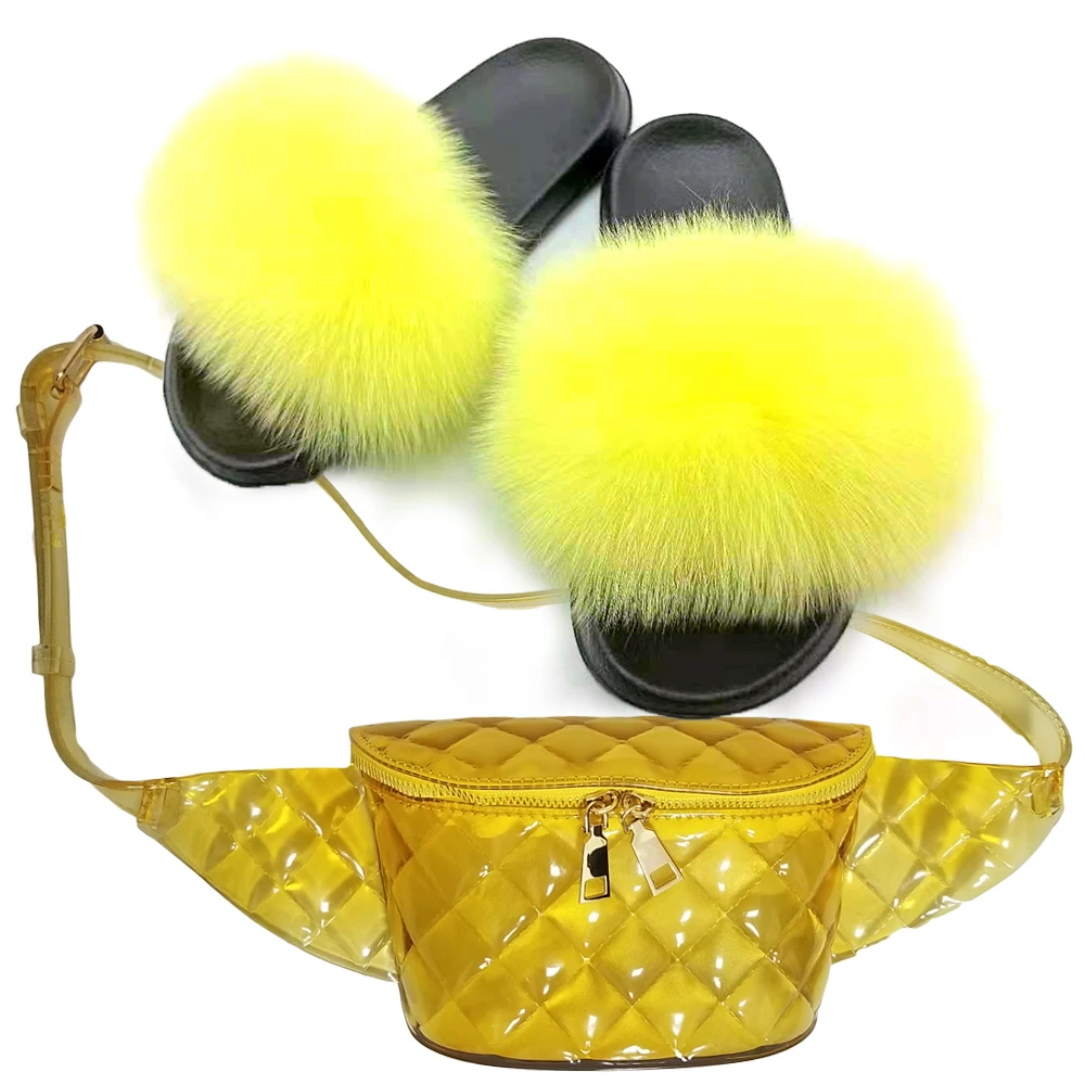 

Women Fur Slippers Fannypack Set Fluffy Real Fox Hair Slides Furry Sandals Ladies Rainbow PVC Jelly Wallet Travel Shoes Bag Set