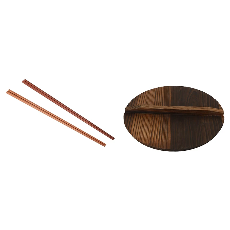 

1 Pair Ironwood Noodles Cooking Chopsticks 42Cm Length & 1 Pcs Kitchen Multi-Functional Wooden Pot Cover Handle Pan Lid