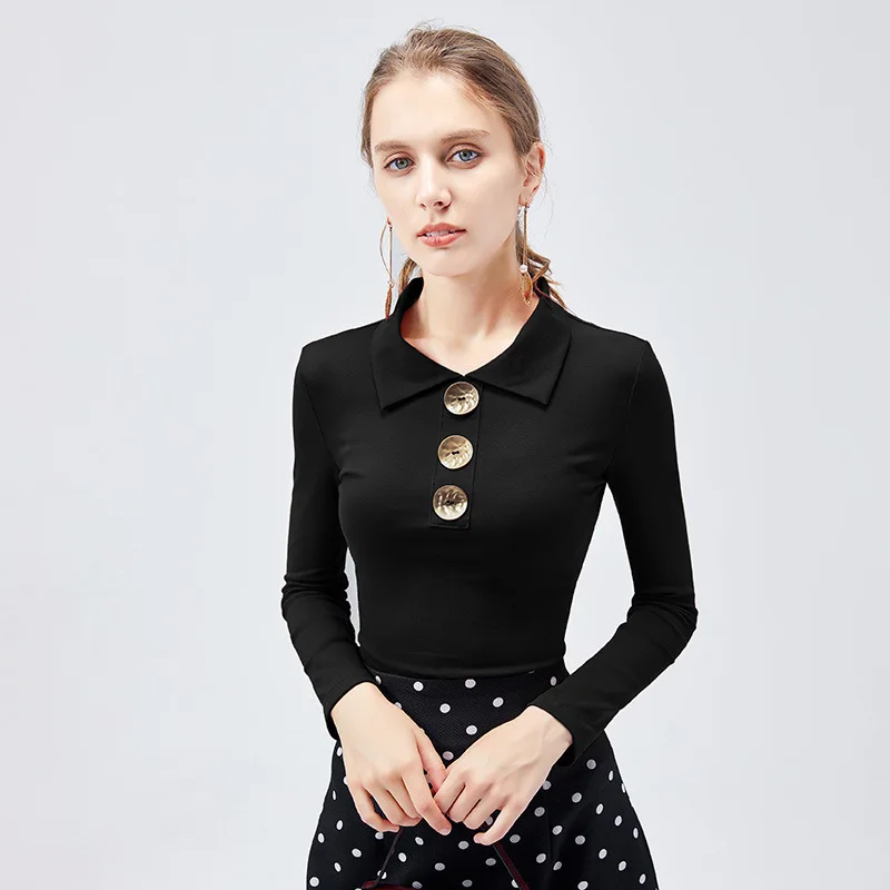 French button Lapel top design women's niche new long sleeve T-shirt in autumn and winter
French button Lapel top design women's niche new long sleeve T-shirt in autumn and winter