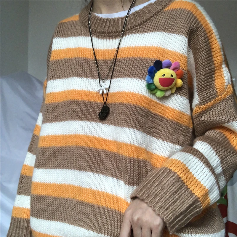 Loose Cute Thicken Retro Japanese Student Sweater Female Autumn winter Wear Long sleeve stripe knitwear pullover Tops Mori Girl | Женская