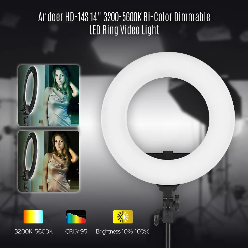

Andoer HD-14S студийный кольцевой светильник Би-Цвет с регулируемой яркостью Светодиодная лампа для освещения видео светильник встроенный 192 шт ...