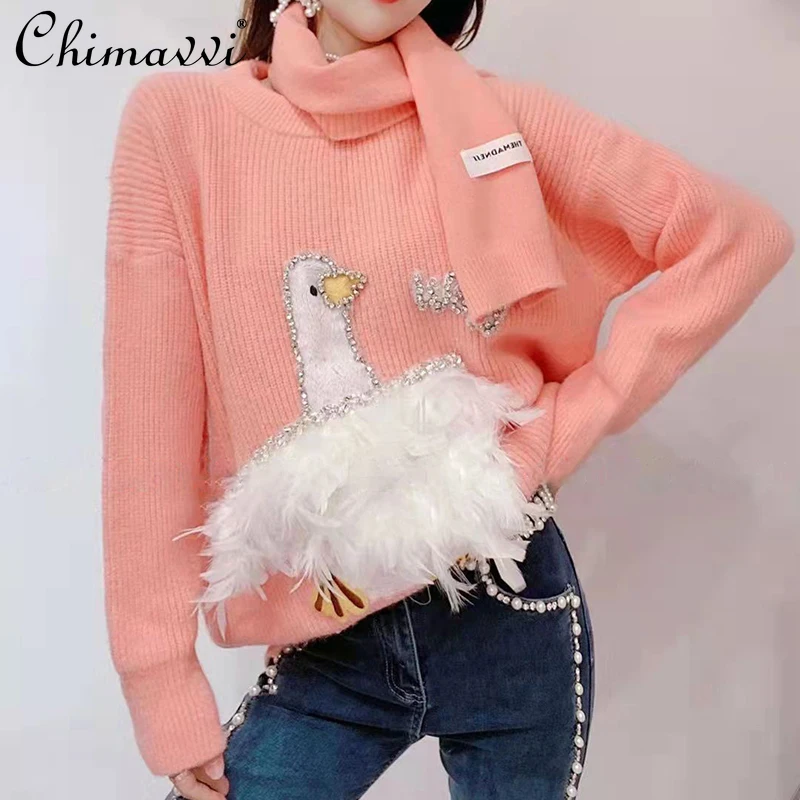 Women's 2021 Winter New Korean Style Fashion Sweet Knitted Top Ladies Fairy Beads Swan Scarf Thick Warm O-neck Pullover Sweater
Women's 2021 Winter New Korean Style Fashion Sweet Knitted Top Ladies Fairy Beads Swan Scarf Thick Warm O-neck Pullover Sweater