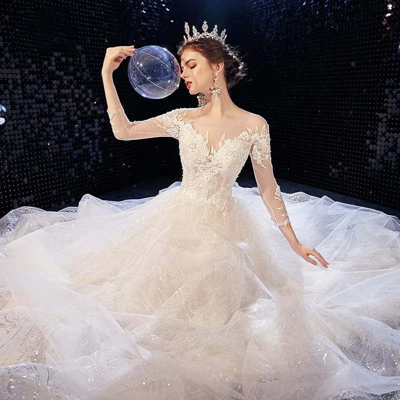 

Женское свадебное платье с блестками, роскошное блестящее кружевное платье-трапеция цвета шампанского с длинными рукавами и аппликацией и...
