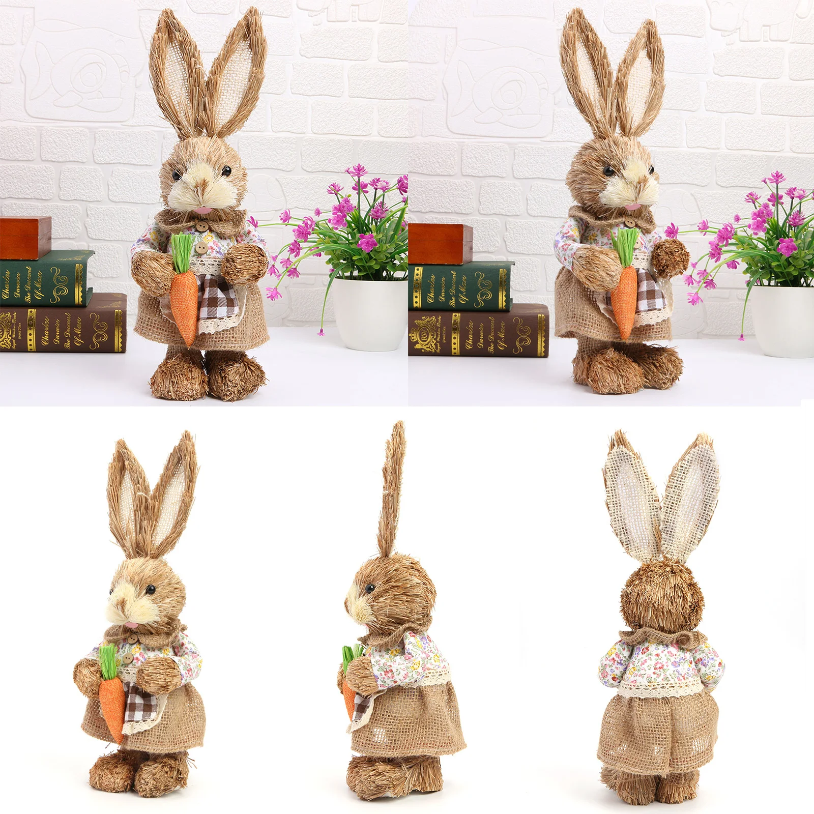 

32cm Straw Rabbit Ornament 12 inch Standing Bunny with Carrot Handmade Figurine for Easter Home Decorations Statue Dolls Gift