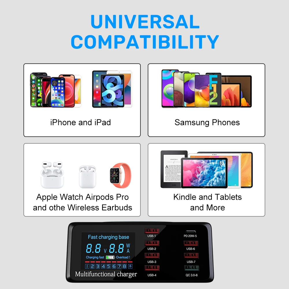 100W 8 Ports USB Charger Quick Charge 3.0 Adapter HUB Wireless Charger Charging Station PD Fast Charger For iPhone 11 Samsung
100W 8 Ports USB Charger Quick Charge 3.0 Adapter HUB Wireless Charger Charging Station PD Fast Charger For iPhone 11 Samsung