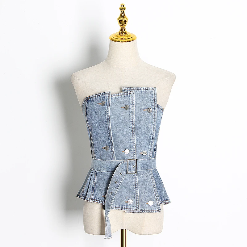 

GALCAUR Patchwork Ruched Denim Vest For Women Sexy Slash Collar Sleeveless Asymmetrical Design With Sashes Vests Female New Tide