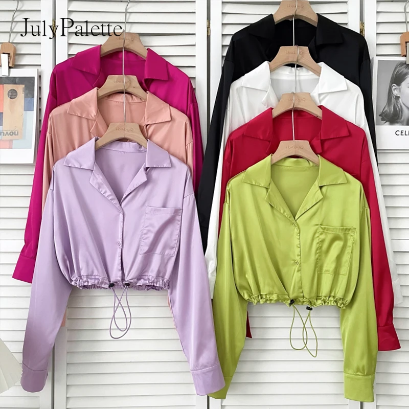 Julypalette Fashion Turn-down Collar Single-breasted Short Short Tops 2022 Spring Elegant Ladies Long Sleeve Pockets Satin Shirt
Julypalette Fashion Turn-down Collar Single-breasted Short Short Tops 2022 Spring Elegant Ladies Long Sleeve Pockets Satin Shirt