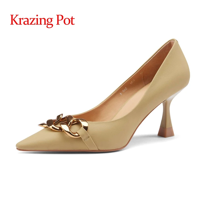 Krazing Pot full grain leather pointed toe thin high heels metal decoration European style beauty lady dating women pumps L53 
Krazing Pot full grain leather pointed toe thin high heels metal decoration European style beauty lady dating women pumps L53