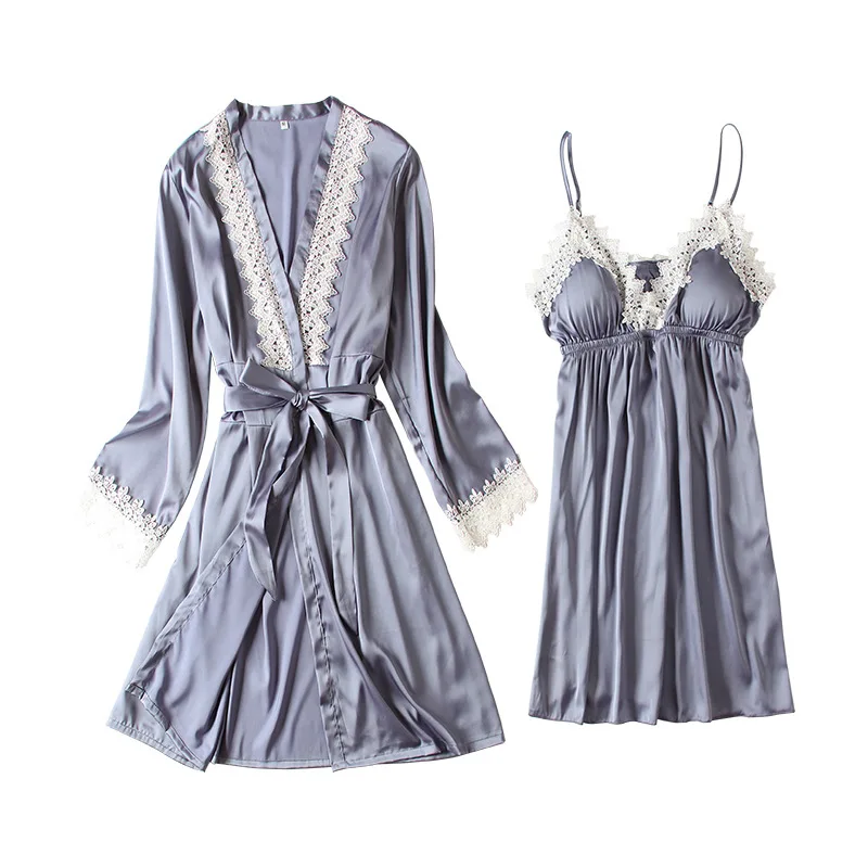 Summer 2PCS Sleepwear Women Thin Silky Satin Nightgown Sexy V-neck Lace Trim Robe Kimono Bathrobe Casual Loose Home Colthes
Summer 2PCS Sleepwear Women Thin Silky Satin Nightgown Sexy V-neck Lace Trim Robe Kimono Bathrobe Casual Loose Home Colthes