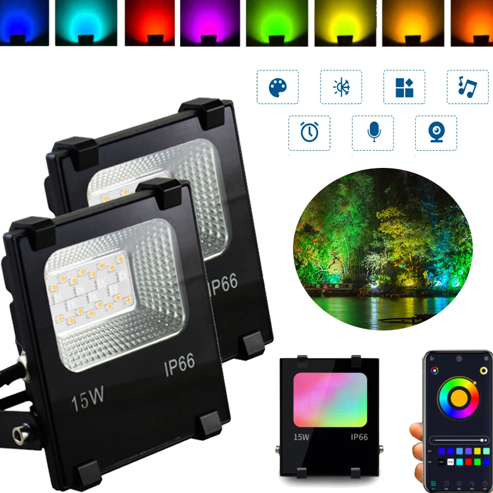 

RGB LED Floodlight 15W Outdoor Smart Flood Light 85-265V IP66 Waterproof Color Changing Spotlight APP Group Control