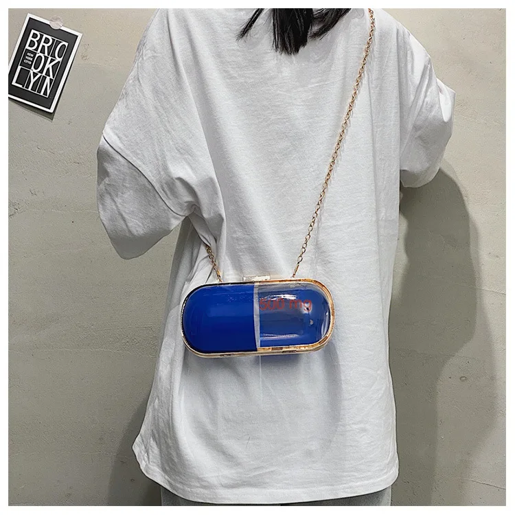 

Fun fashion design splicing color pill shape ladies day clutches chain shoulder bag handbag female crossbody mini messenger bag