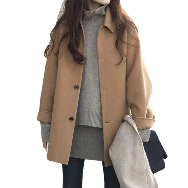 Autumn Women Faux Wool Coat Long Sleeve Single Breasted Fashion Turn Down Female Blends Causal Loose Winter Outwear 2021
Autumn Women Faux Wool Coat Long Sleeve Single Breasted Fashion Turn Down Female Blends Causal Loose Winter Outwear 2021
