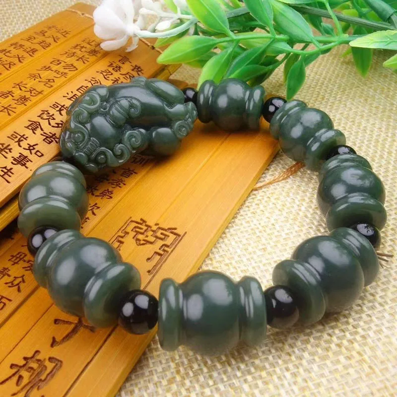 

Natural Xinjiang Hetian Jade Pixiu Bracelets Lucky Amulet Round Beads Brave Troops Bracelet For Women Men Gifts Drop Shipping