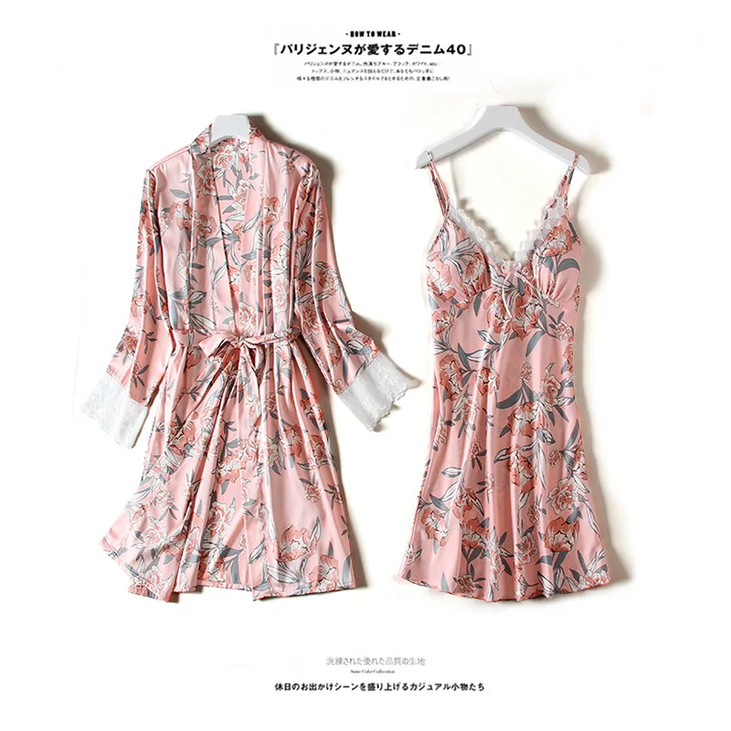 Women Satin Robe Pajamas Sets Sexy V-Neck Nightgown Home Wear Bathrobe + Mini Night Dress Sleepwear Suit 
Women Satin Robe Pajamas Sets Sexy V-Neck Nightgown Home Wear Bathrobe + Mini Night Dress Sleepwear Suit