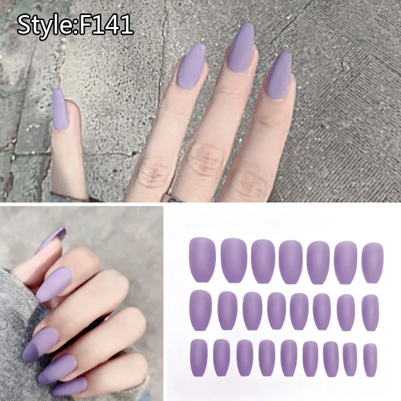 

24pcs Long Style Wearable Fake Nails with Glue Frosted Ballet Pure Multi-colored Detachable Finished Nail Art Tools MH88