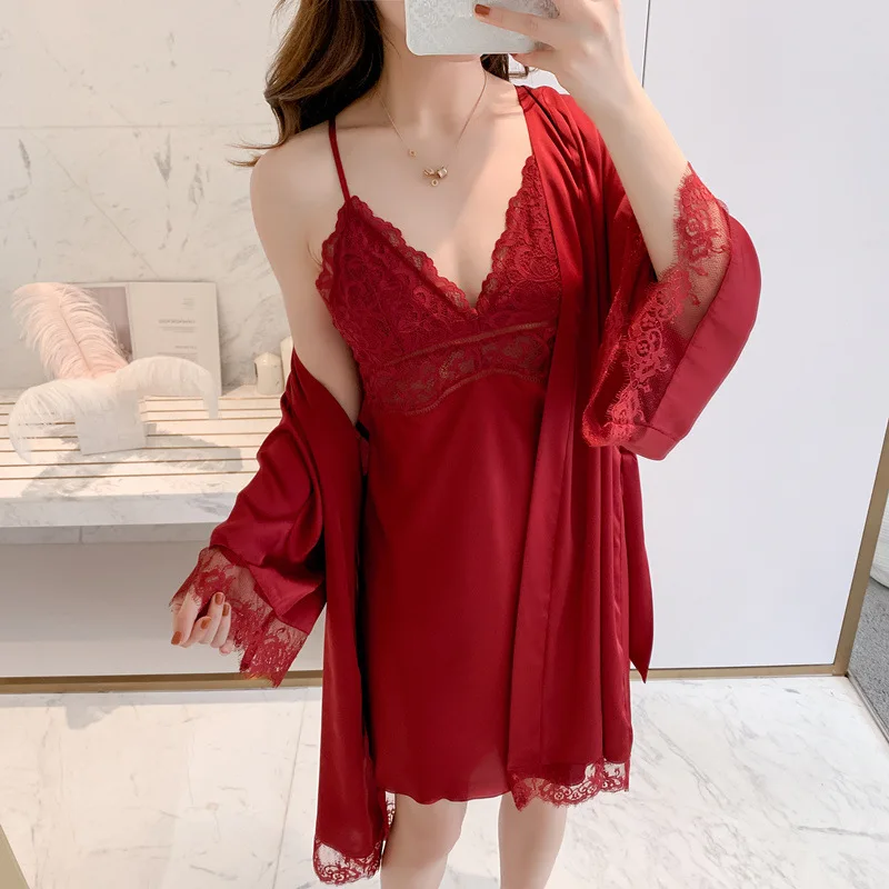 Sexy Two Piece Set With Lace Sleepwear 2021 Spring Summer New Women Robe Satin Kimono Bathrobe Gown Perspective Lingerie
Sexy Two Piece Set With Lace Sleepwear 2021 Spring Summer New Women Robe Satin Kimono Bathrobe Gown Perspective Lingerie