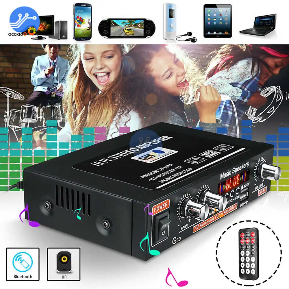 G30 Digital Home Amplifier Bluetooth HIFI Stereo Subwoofer Music Player Support FM TF AUX 2 Channel with Remote Control
G30 Digital Home Amplifier Bluetooth HIFI Stereo Subwoofer Music Player Support FM TF AUX 2 Channel with Remote Control