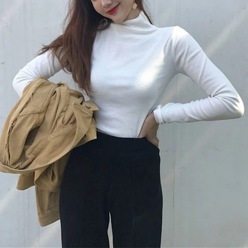 

DAXIN Women Autumn Tee Solid Color Turtleneck Long-sleeved T-shirt Slim Ladies Warm Tshirt Tops Female Casual Top Ladies Shirt