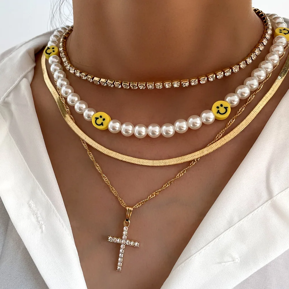 Fashion MultiLayer Full Crystal Cross Tennis Chain Necklace For Women Smiley Pearl Beaded Choker Collar Necklace Party Jewelry
Fashion MultiLayer Full Crystal Cross Tennis Chain Necklace For Women Smiley Pearl Beaded Choker Collar Necklace Party Jewelry