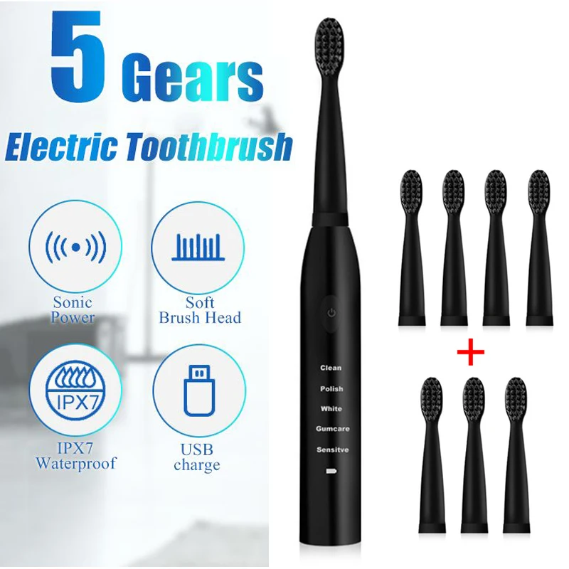 

Электрическая зубная щетка, мощный ультразвуковой прибор для чистки зубов с зарядкой от USB, моющаяся, для отбеливания зубов