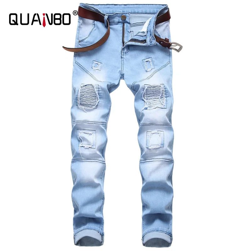 

QUANBO Men's Ripped Slim Straight Fit Moto Biker Jeans with Zipper Deco 2021 New Men Fashion Four Seasons Men Designer Jeans