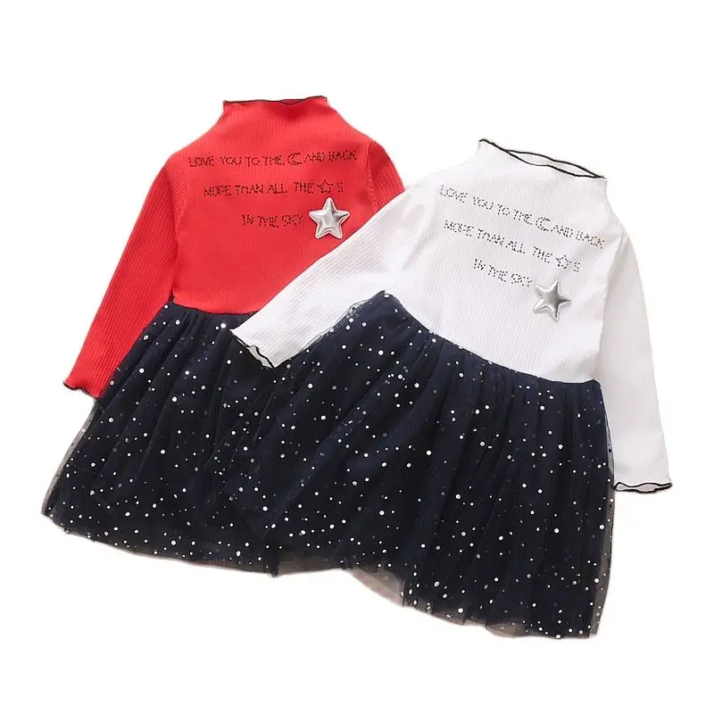 

2022 Spring Autumn Knitting Sequined Splicing Mesh Skirt 3-8T Children Girls Fashion Sweet Princess Dress