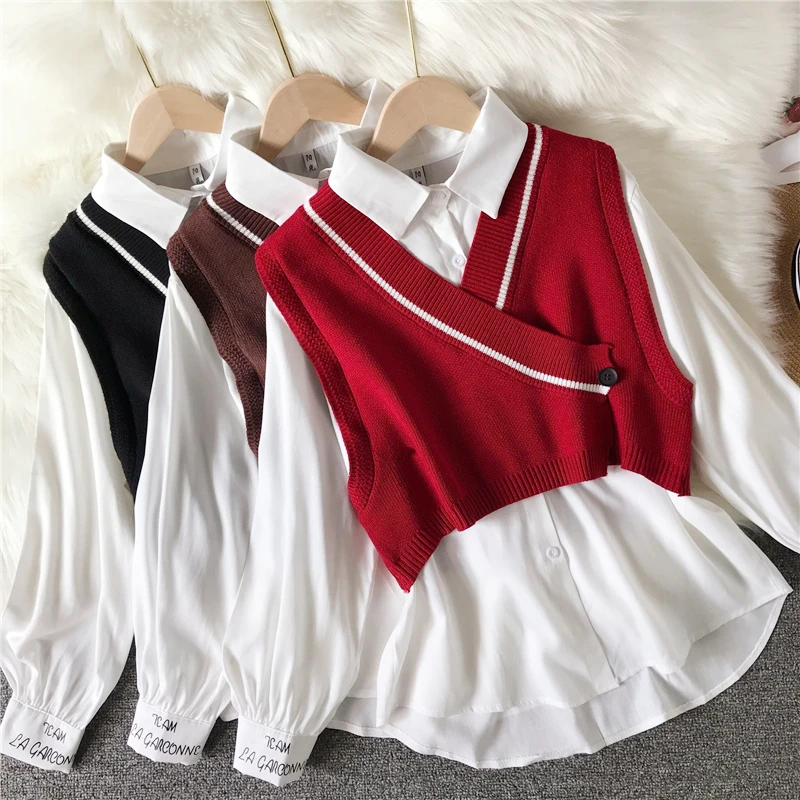 Women Fashion Blouse Shirts Blending Long Sleeve with Knitted Vest Regular Blouse Female Loose Tops Shirt Suit 2pcs Sets
Women Fashion Blouse Shirts Blending Long Sleeve with Knitted Vest Regular Blouse Female Loose Tops Shirt Suit 2pcs Sets
