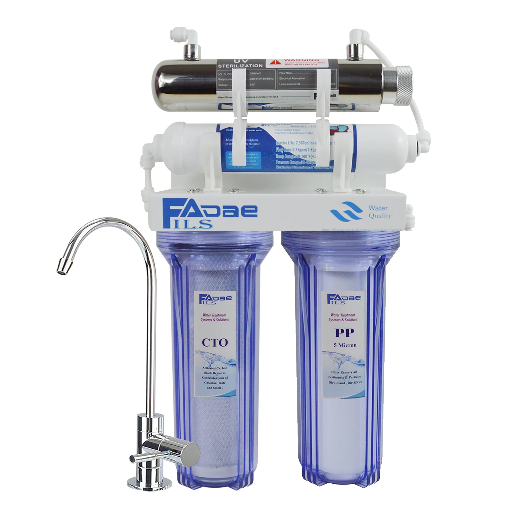 4 Stage UV Ultra-Violet Sterilizer Home Drinking Water Filtration System with Clear Housing and DELUXE faucet for Kitchen
4 Stage UV Ultra-Violet Sterilizer Home Drinking Water Filtration System with Clear Housing and DELUXE faucet for Kitchen