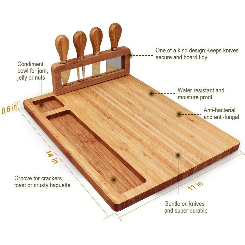 Bamboo Cheese Board Set with 4 Stainless Steel Knife, Meat Charcuterie Platter Serving Tray, Perfect Choice for Wedding
Bamboo Cheese Board Set with 4 Stainless Steel Knife, Meat Charcuterie Platter Serving Tray, Perfect Choice for Wedding