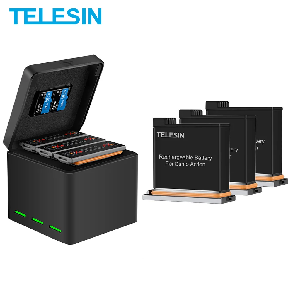 TELESIN 2Pack 1300mAh Battery 3 Slots Charger With LED Light 2 TF Card Storage Box for DJI Osmo Action Camera Accessories
TELESIN 2Pack 1300mAh Battery 3 Slots Charger With LED Light 2 TF Card Storage Box for DJI Osmo Action Camera Accessories