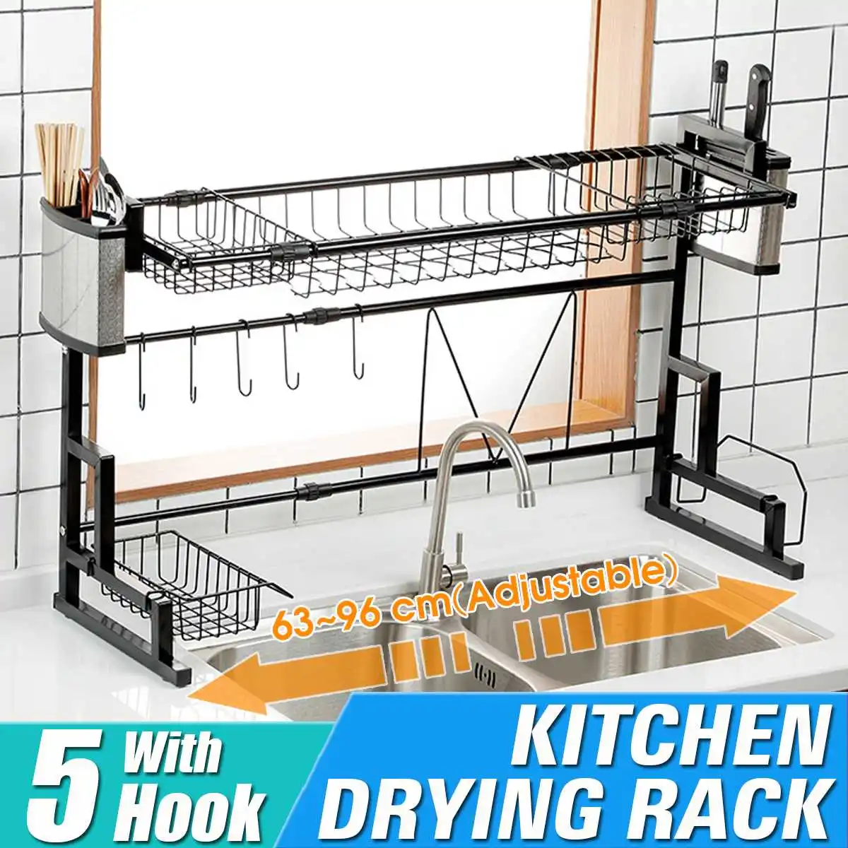 63~96 cm Adjustable The Sink Stainless Steel Kitchen Rack Dish Bowl Drain Drying Shelf Storage Organizer Holder With 4 Hooks
63~96 cm Adjustable The Sink Stainless Steel Kitchen Rack Dish Bowl Drain Drying Shelf Storage Organizer Holder With 4 Hooks