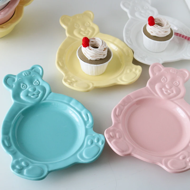 

Чашки-тарелки с мультяшным медведем, симпатичные керамические обеденные блюда, миска для супа, корейский Медведь, десерт, Плоский Поднос для завтрака и салата, кавайные