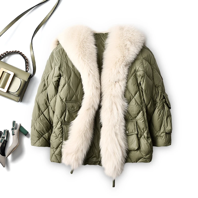 SHUCHAN Fox Fur Collar Down Jacket Women Argyle Belt Wide-waisted High Street Pockets Women Coats and Jackets Winter Warm
SHUCHAN Fox Fur Collar Down Jacket Women Argyle Belt Wide-waisted High Street Pockets Women Coats and Jackets Winter Warm