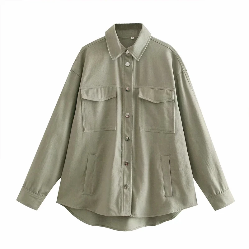 Women Fashion metallic button overshirt Female lapel collar long sleeve overshirt Woman Chic pockets snap-button coat tops 2021
Women Fashion metallic button overshirt Female lapel collar long sleeve overshirt Woman Chic pockets snap-button coat tops 2021