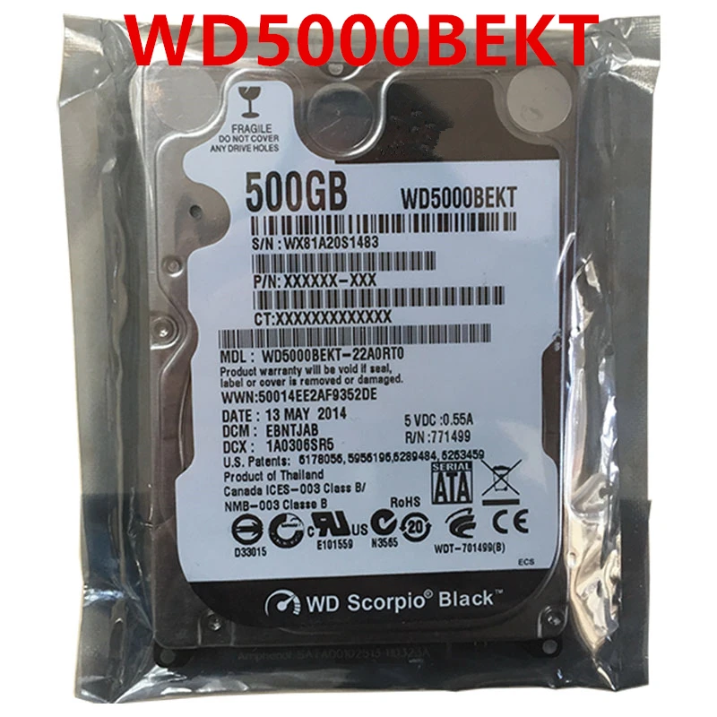 

Original New HDD For WD 500GB 2.5" SATA 3 Gb/s 16MB 7200RPM 9.5MM For Internal Hard Disk For Notebook HDD For WD5000BEKT